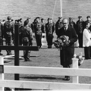 Defence Secretary John Nott placing wreath on memorial in the Falkland Islands cemetery Defence Secretary John Nott placing wreath on memorial in the Falkland Islands cemetery