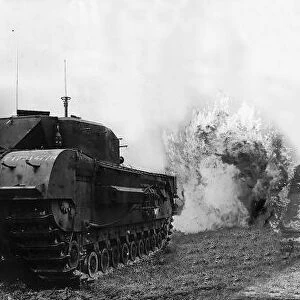 Demonstration of armys new secret flame thrower tank introduced during WW2