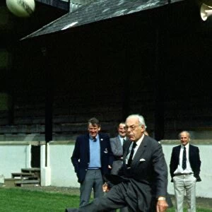 Denis Thatcher kicking rugby ball September 1986