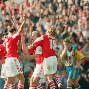 Dennis Bergkamp celebrates his second goal for his new club Arsenal Dennis Bergkamp celebrates his second goal for his new club Arsenal