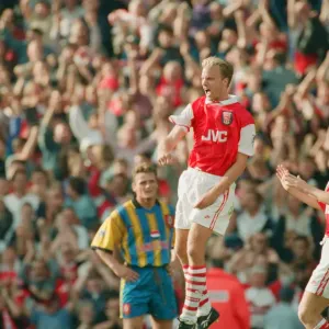 Dennis Bergkamp celebrates his second goal for his new club Arsenal Dennis Bergkamp celebrates his second goal for his new club Arsenal