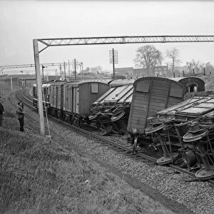 A derailed goods train after colliding with an English Electric Type 4 Diesel locomotive