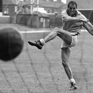 Derek Dougan Leicester City football player fires in a shot during training session ahead Derek Dougan Leicester City football player fires in a shot during training session ahead