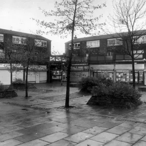 A deserted shopping precinct in Harpurey, 11th November 1987