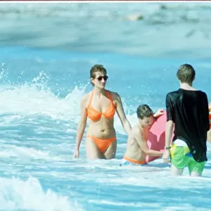 Diana, Princess of Wales in the water with family at Indian Castle Beach during her Nevis