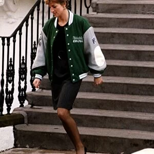 Diana, Princess of Wales, wearing an American football sports jacket as she Wetherby