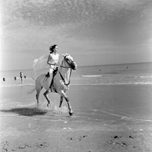 Diana Rigg, who plays Emma Peel, pictured riding a white horse across the beach at St
