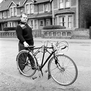 Dickie Bird seen here with his hand pedal bike. 1958 A218-005