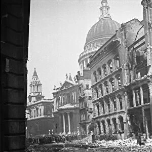 The dome of St Pauls Cathedral looms over the devastated remains of Cannon Street