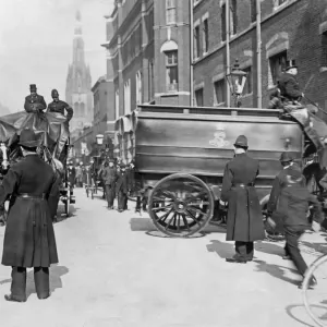 Print of suffragettes arriving at Westminster Police Court in prison vans Print of suffragettes arriving at Westminster Police Court in prison vans