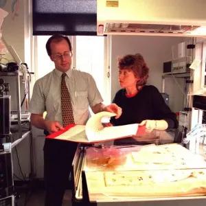 Print of a photograph featuring Dr Mike Hird and Viv Mendham