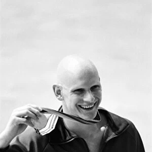 Duncan Goodhew swimmer takes part in medal ceremony after winning gold medal in Men