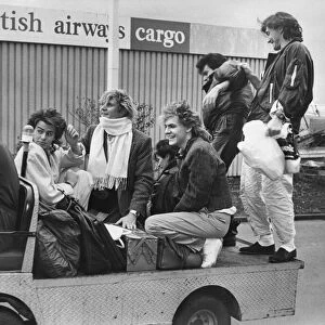 Duran Duran hitch a ride on a baggage trolley when they arrived at Newcasle Airport