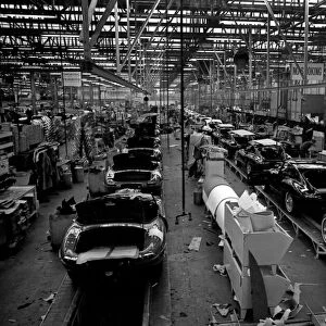 The E-type Jaguar car assembly line at the Browns Lane factory