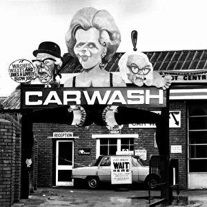 East London carwash sign showing Margaret Thatcher British Prime Minister 10th February