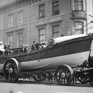 Eastbourne No. 2 lifeboat being pulled by horses. East Sussex, 1921
