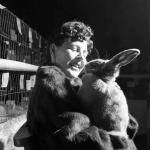 Edna Early wears a blue beveran fur coat and holds a prize winning Blue Bevaran rabbit