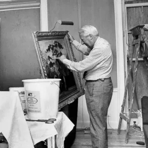 Edward Heath inspecting bomb damaged painting as workmen make repairs - January 1975 Edward Heath inspecting bomb damaged painting as workmen make repairs - January 1975