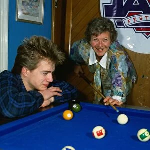Eileen McCallum actress April 1987 playing snooker pool with her son