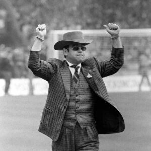 Elton John chairman of Watford on Wembley pitch 1984 before kick off of FA cup