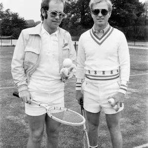 Elton John with Larry King at Wimbledon Tennis Print 1974 Elton John with Larry King at Wimbledon Tennis Print 1974