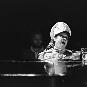 Elton John pictured on stage, during preperations for his Jump Up Tour. 31st October 1982