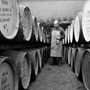 An employee of the Knockando Whisky Distillery in Scotland checks the casks in