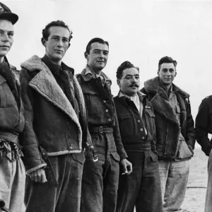 Black and white print of Allied pilots in flight gear