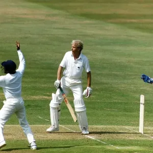 England cricketer David Gower at the crease whilst India launch a big appeal for caught England cricketer David Gower at the crease whilst India launch a big appeal for caught