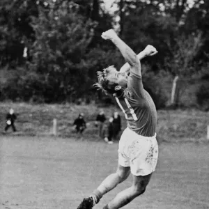 England footballer Bobby Charlton takes a turn in goal during a training session England footballer Bobby Charlton takes a turn in goal during a training session