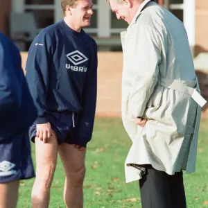 England footballer Paul Gascoigne joking around with coach Lawrie McMenemy at their England footballer Paul Gascoigne joking around with coach Lawrie McMenemy at their
