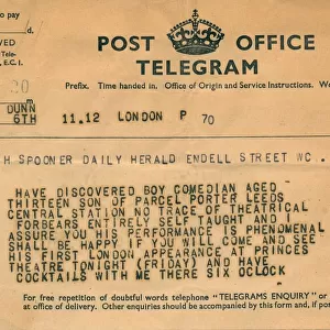Ernie Wise telegram 6th January 1939 Telegram from Gladys Tudor Owen to H Spooner