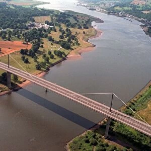 Erskine Bridge aerial view empty after being hit by UIE oil rig collision. Circa 1998