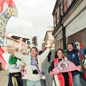 Euro 1996 Football Fans in the streets around Anfield Football Ground, Liverpool Euro 1996 Football Fans in the streets around Anfield Football Ground, Liverpool