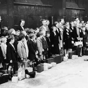 Evacuations of school children rehearsal. Children receiving instructions at St Evacuations of school children rehearsal. Children receiving instructions at St