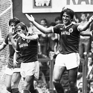 Everton centre forward Bob Latchford celebrates after scoring a hat trick during their