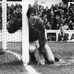 Everton keeper David Lawson hanging onto the post in pain after injuring himself whilst Everton keeper David Lawson hanging onto the post in pain after injuring himself whilst