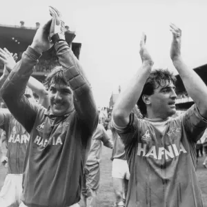 Everton players Neville Southall and Kevin Ratcliffe acknowledge the applause of the fans Everton players Neville Southall and Kevin Ratcliffe acknowledge the applause of the fans