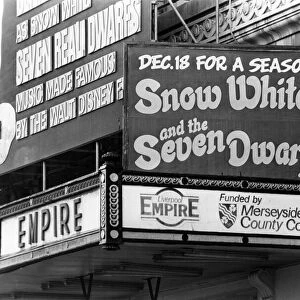 Exterior of the Empire Theatre, which is showing Snow White and the Seven Dwarfs