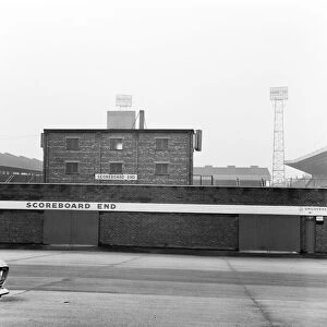 Exterior of Manchester United football stadium, Old Trafford. February 1968