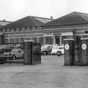 Exterior view of British Leyland Strandard Triumph works entrance and gatehouse at Canley Exterior view of British Leyland Strandard Triumph works entrance and gatehouse at Canley