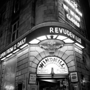 Exterior view of the Windmill Theatre in Londons West End. April 1958 Exterior view of the Windmill Theatre in Londons West End. April 1958