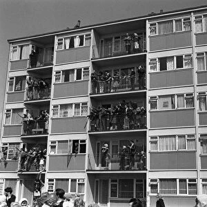 FA Cup Final 1964 Fans in Flats watch as the West Ham coach parades through East London