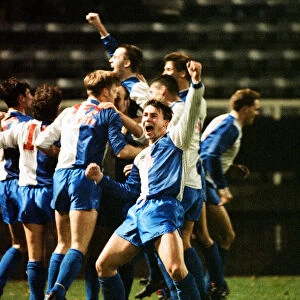 FA Cup. Fulham 0 v. Hayes 2. Hayes players celebrate. 15th November 1991