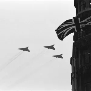 Falklands Victory Parade, London. RAF Vulcans in a Fly Past. 12th October 1982 Falklands Victory Parade, London. RAF Vulcans in a Fly Past. 12th October 1982