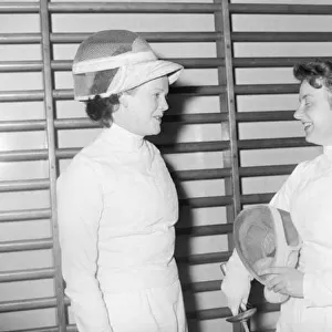Fencing lessons at the B. A. I. Women chatting after their fencing lesson. 1958