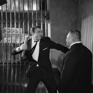 Film Goldfinger 1964 Sean Connery as James Bond 007 fighting with Goldfinger