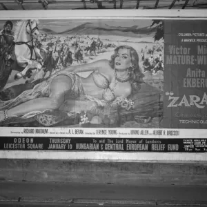 A film poster featuring actress Anita Ekberg in the motion picture Zarak was described as