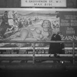A film poster featuring actress Anita Ekberg in the motion picture Zarak was described as