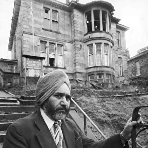 Fire at Sikh Temple, March 1981. Temple General Secretary Gurder Virhia outside